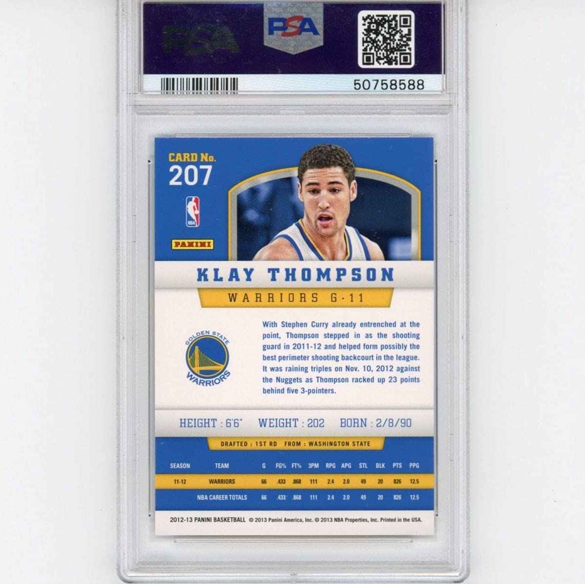 Graded 2012-13 Panini Klay Thompson #207 Rookie RC Basketball Card PSA 10 Gem Mint