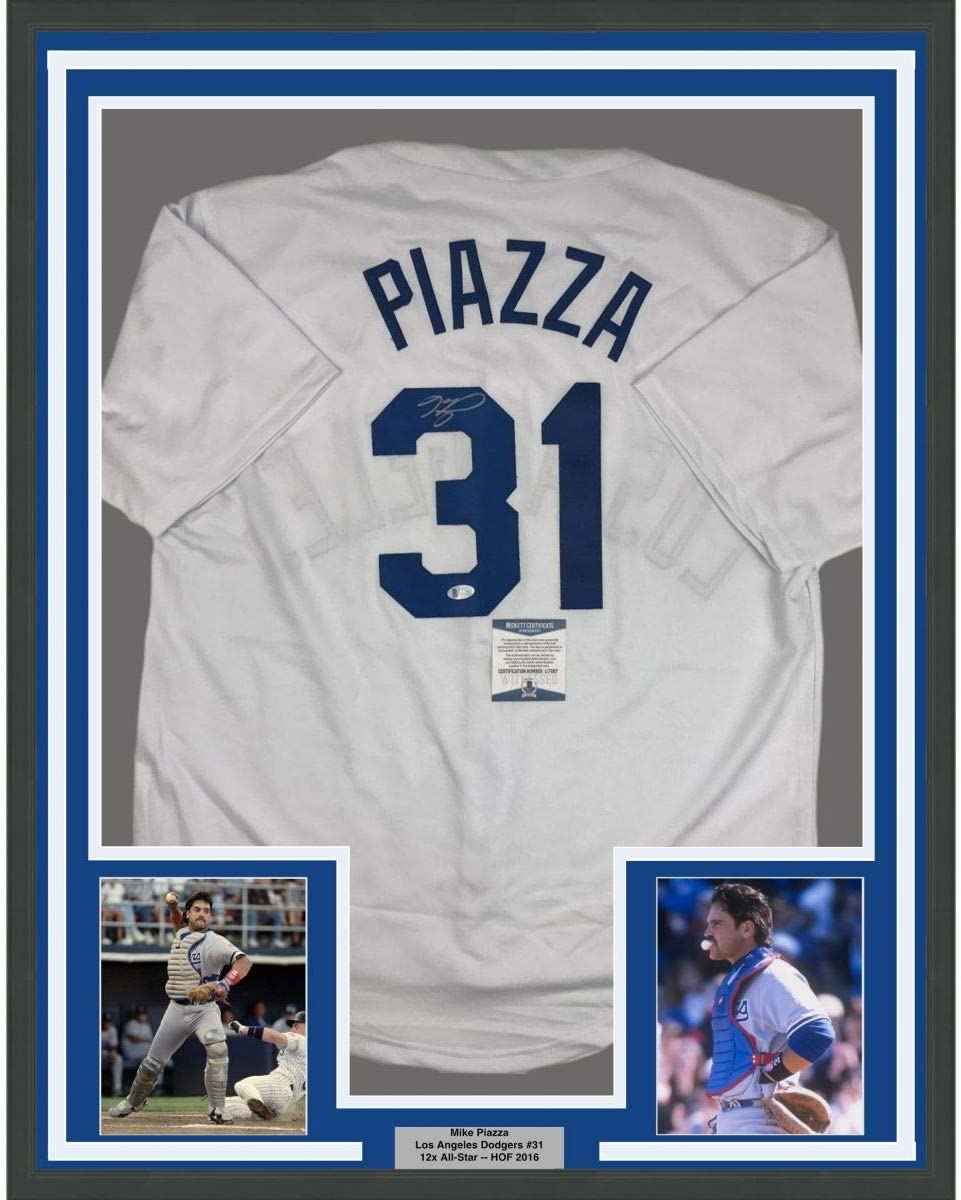 Framed Autographed/Signed Mike Piazza 35x39 Los Angeles LA White Baseball Jersey Beckett BAS COA