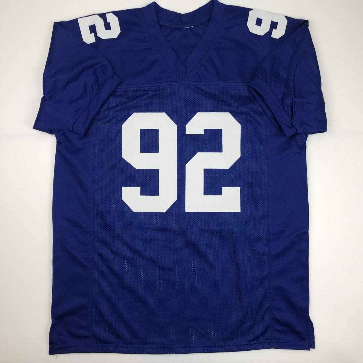 Autographed/Signed Michael Strahan New York Blue Football Jersey JSA COA