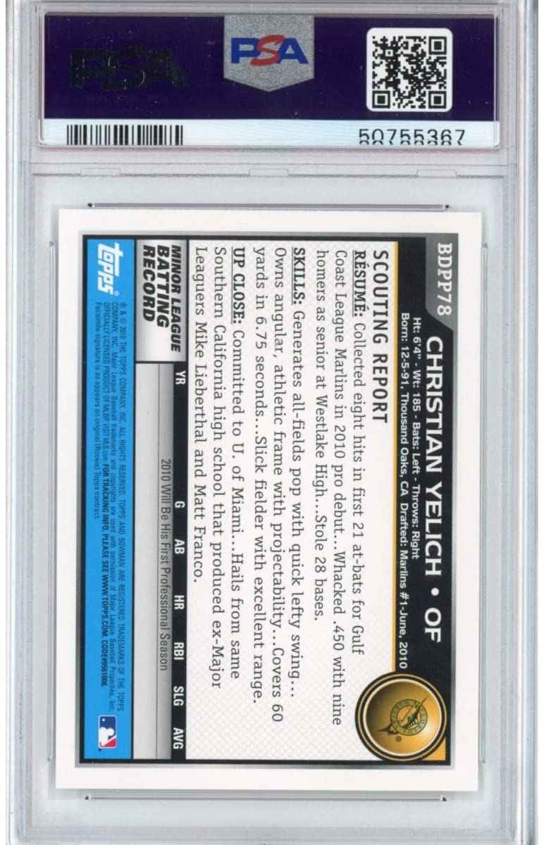 Graded 2010 Bowman Draft Picks & Prospects Christian Yelich #BDPP78 Rookie RC Baseball Card PSA 10 Gem Mint