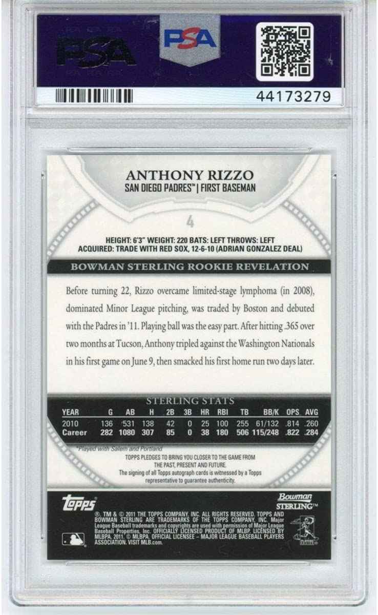 Graded 2011 Bowman Sterling Anthony Rizzo #4 Autograph Auto Rookie RC Baseball Card PSA 10 Gem Mint