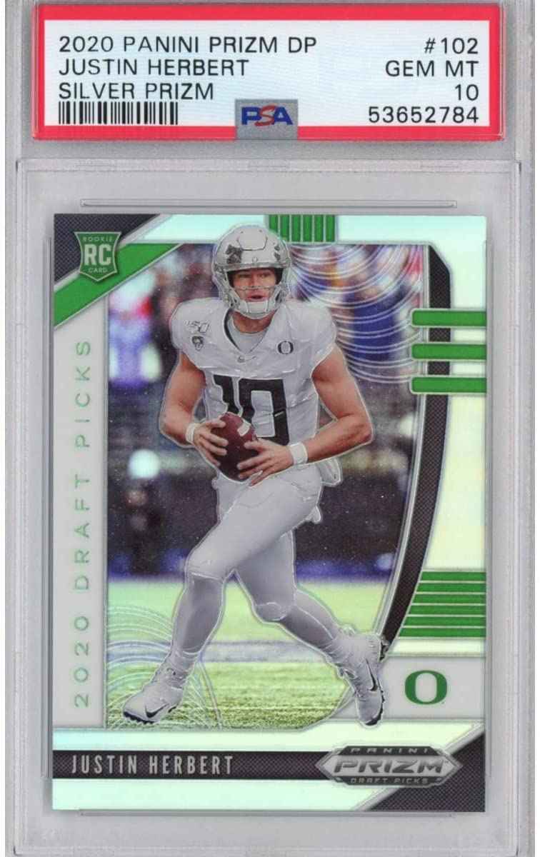 Graded 2020 Panini Prizm Draft Picks DP Justin Herbert #102 Silver Prizm Rookie RC Football Card PSA 10 Gem Mint