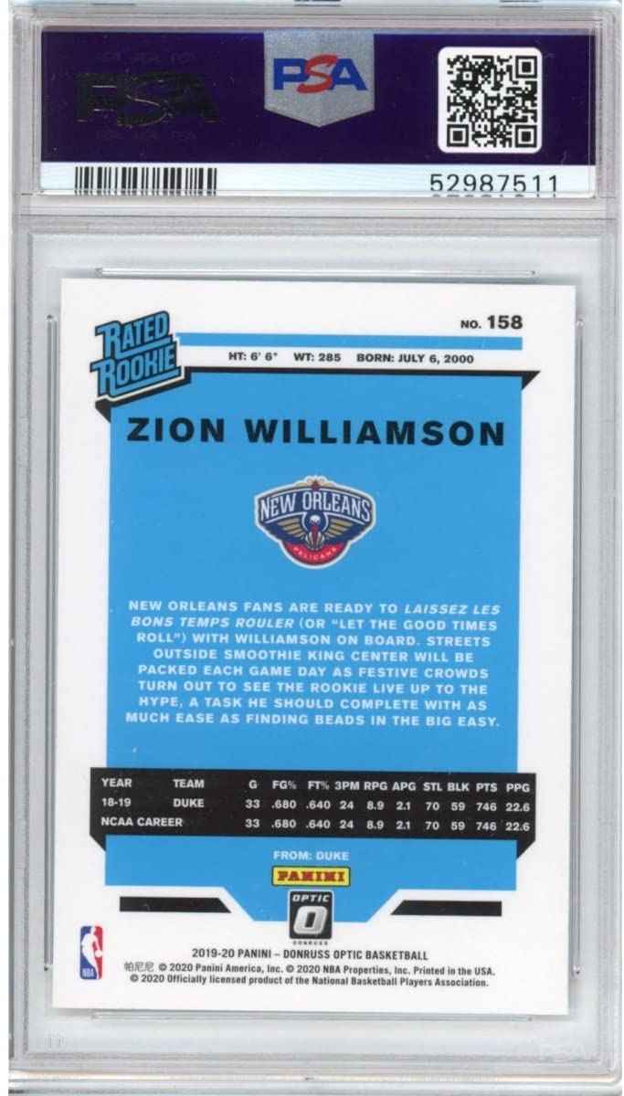 Graded 2019-20 Panini Donruss Optic Zion Williamson #158 Rookie RC Basketball Card PSA 10 Gem Mint