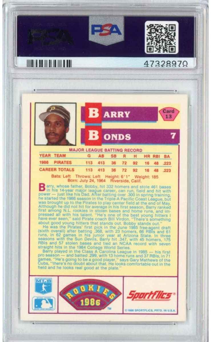 Graded 1986 Sportflics Barry Bonds #40 Rookie RC Baseball Card PSA 10 Gem Mint