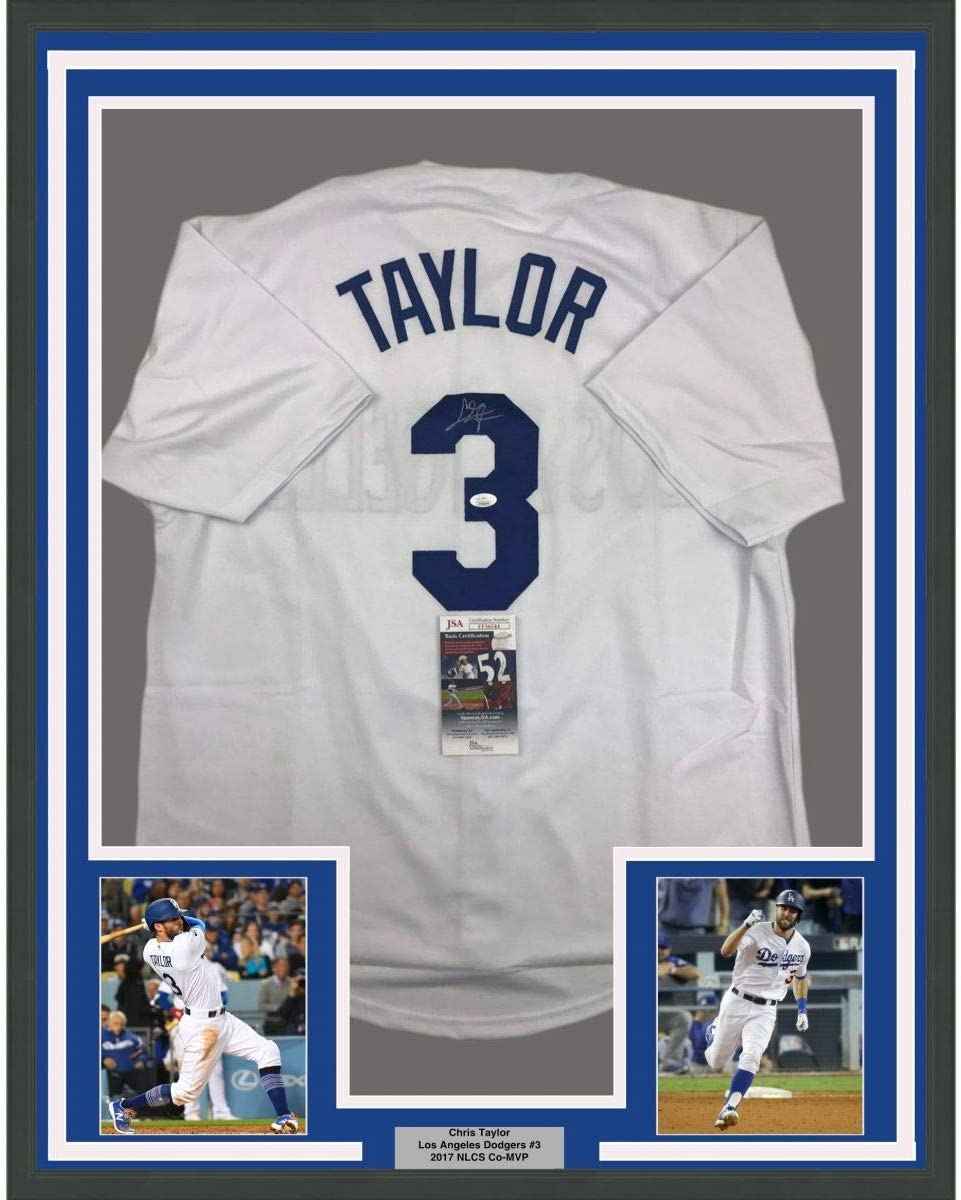 Framed Autographed/Signed Chris Taylor 35x39 Los Angeles LA White Baseball Jersey JSA COA