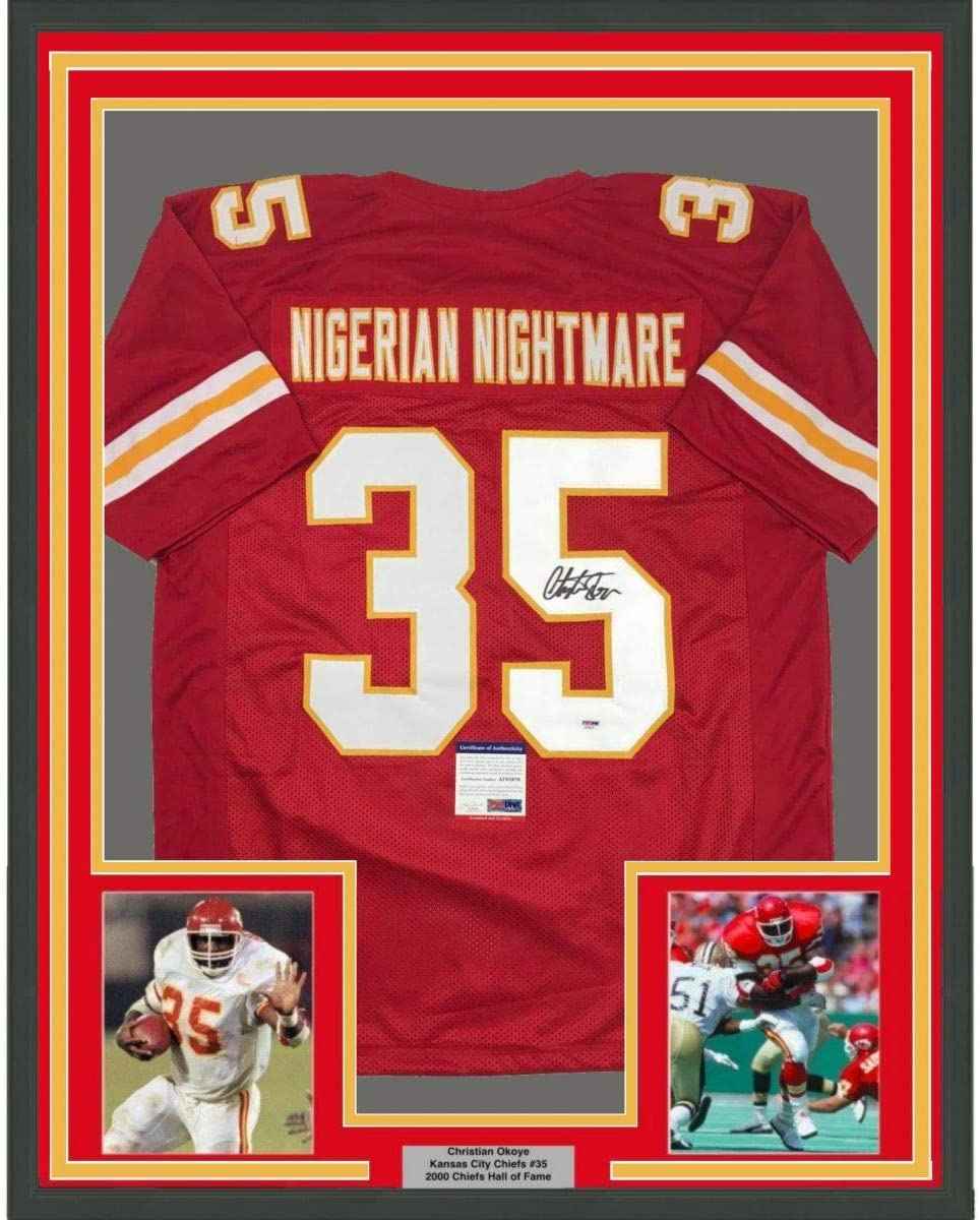 Framed Autographed/Signed Christian Okoye 35x39 Nigerian Nightmare Kansas City Red Football Jersey PSA/DNA COA