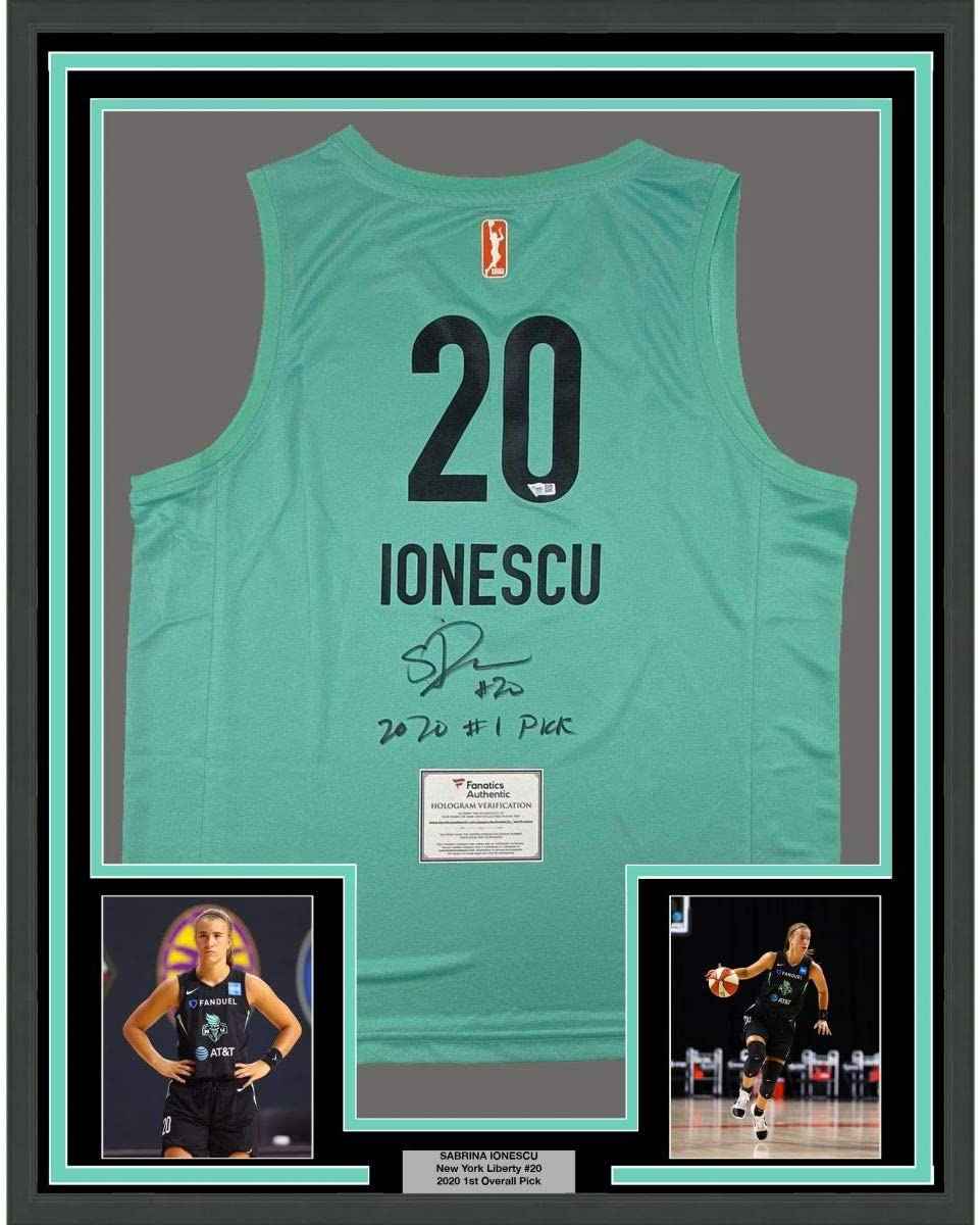 Framed Autographed/Signed Sabrina Ionescu 2020#1 Pick 35x39 New York Liberty Green Basketball Jersey Fanatics COA