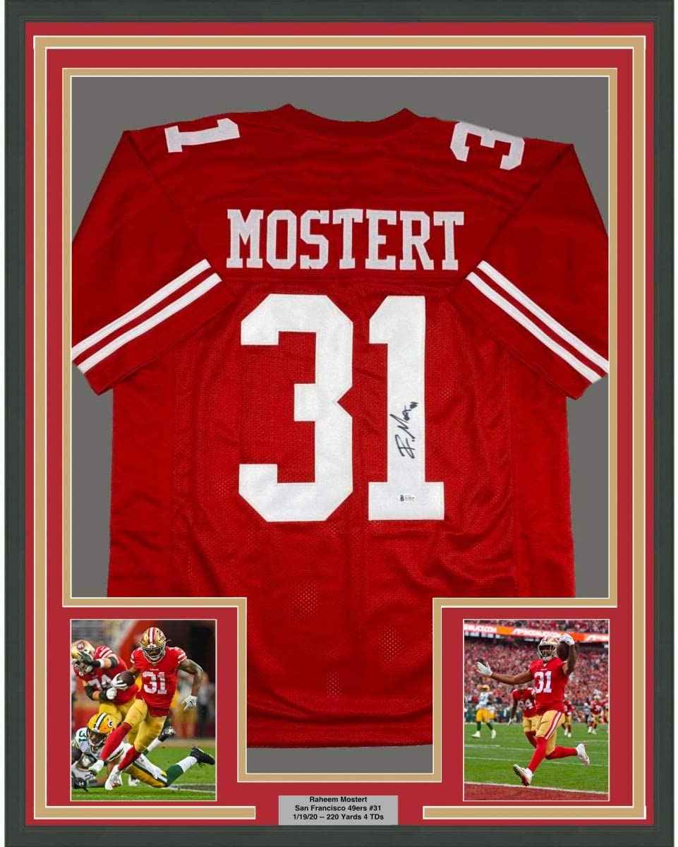 Framed Autographed/Signed Raheem Mostert 35x39 San Francisco Red Football Jersey JSA COA