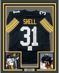 Framed Autographed/Signed Donnie Shell 35x39 HOF 2002 Pittsburgh Black Football Jersey Schwartz Sports COA