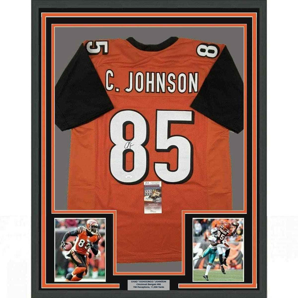 Framed Autographed/Signed Chad Johnson Ochocinco 35x39 Cincinnati Orange Football Jersey JSA COA