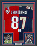 Framed Autographed/Signed Rob Gronkowski 35x39 New England Split Football Jersey Beckett BAS COA