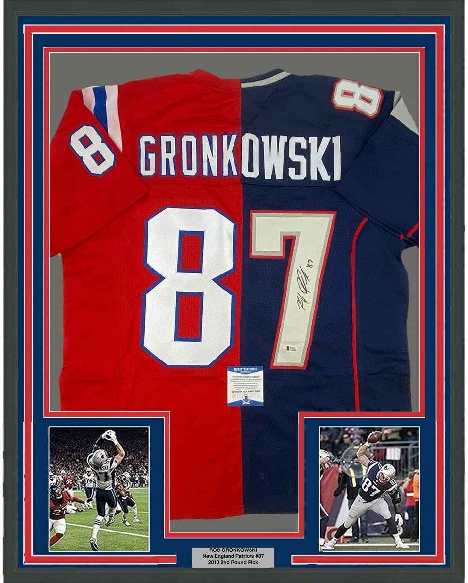 Framed Autographed/Signed Rob Gronkowski 35x39 New England Split Football Jersey Beckett BAS COA