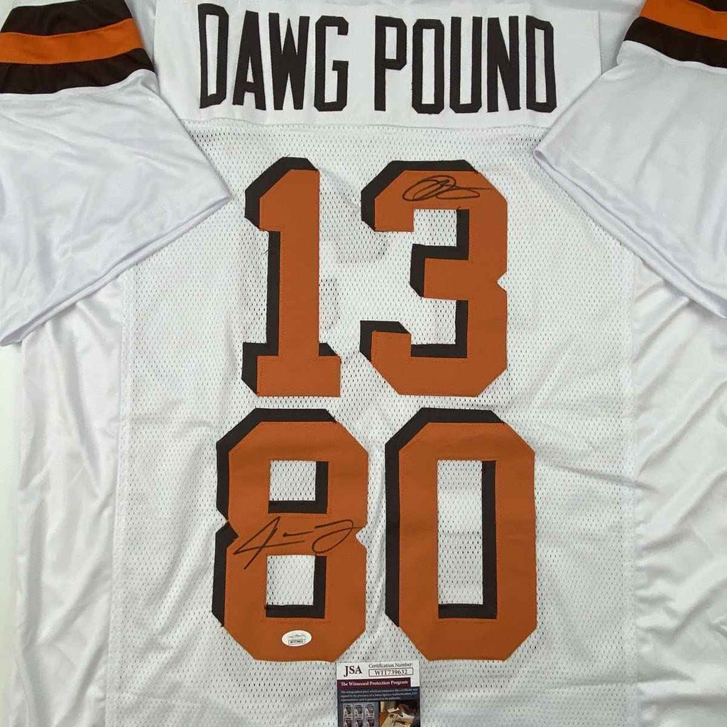 Autographed/Signed Odell Beckham Jr. & Jarvis Landry Cleveland White Football Jersey JSA COA