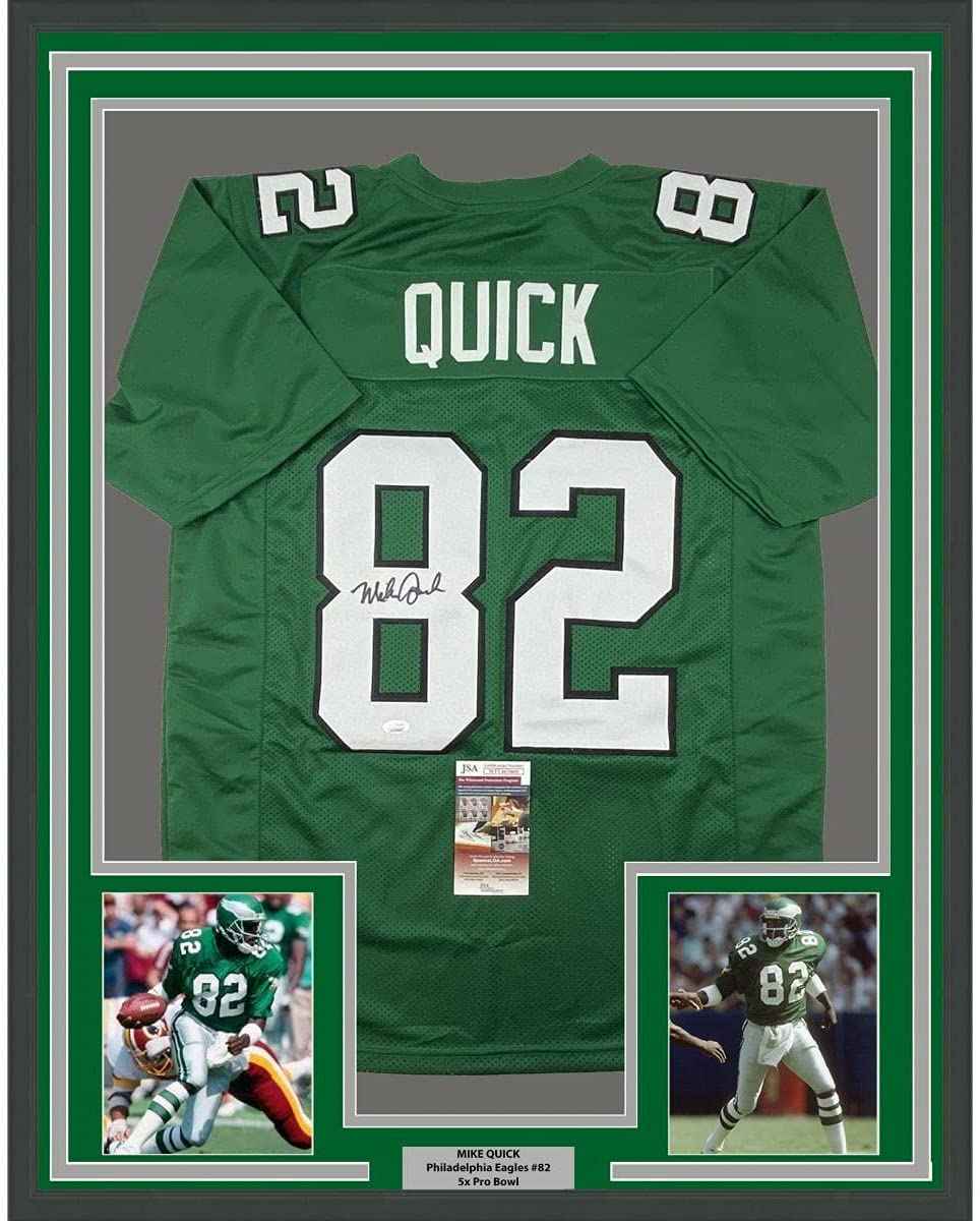 Framed Autographed/Signed Mike Quick 35x39 Philadelphia Kelly Green Football Jersey JSA COA