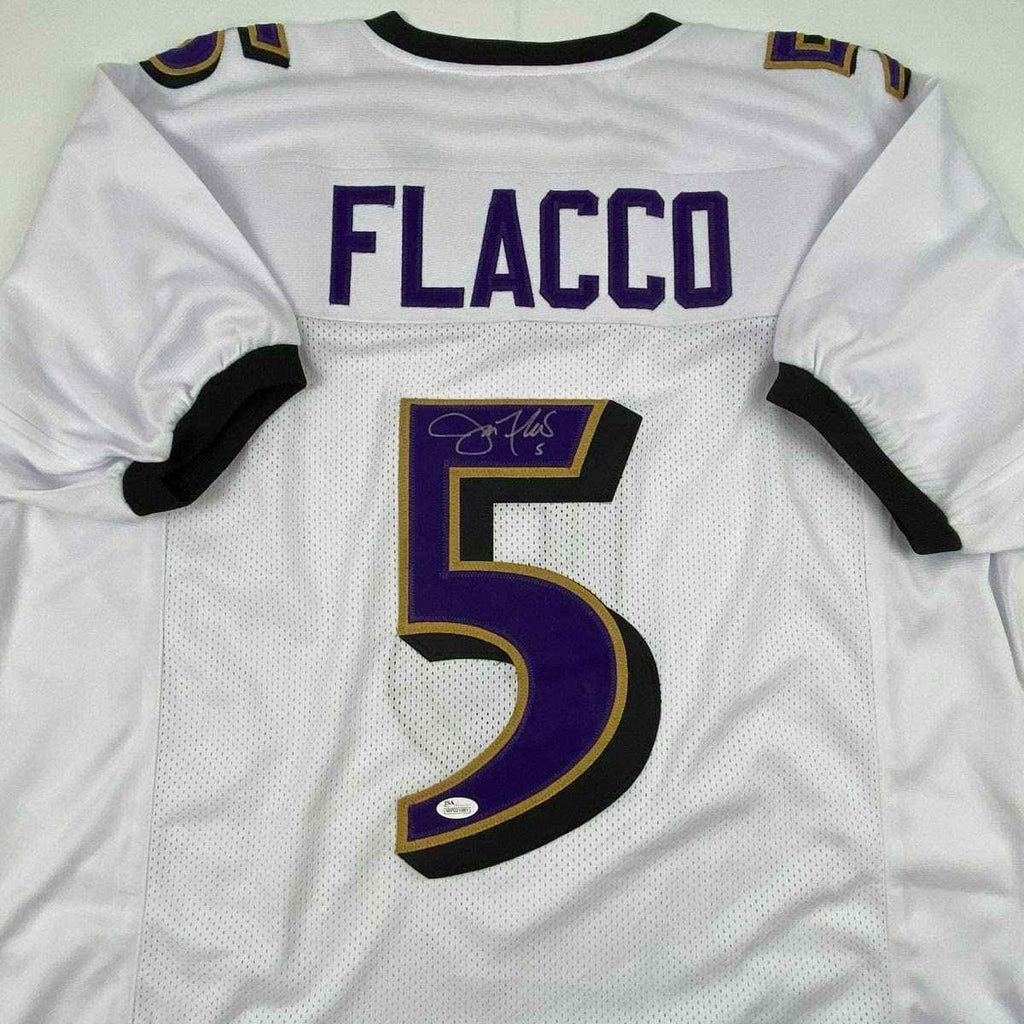 Autographed/Signed Joe Flacco Baltimore White Football Jersey JSA COA