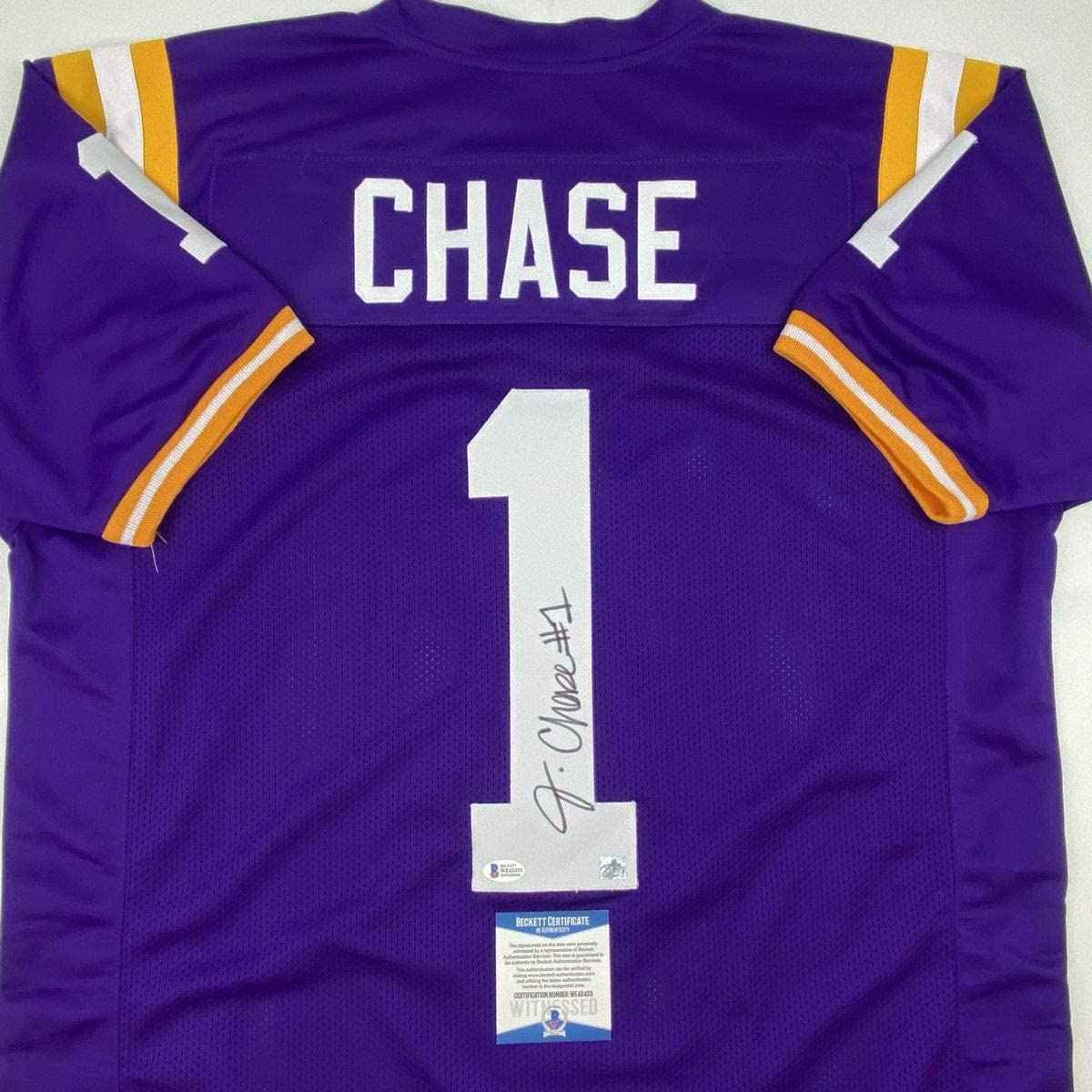 Autographed/Signed Ja'Marr Chase LSU Purple College Football Jersey Beckett BAS COA