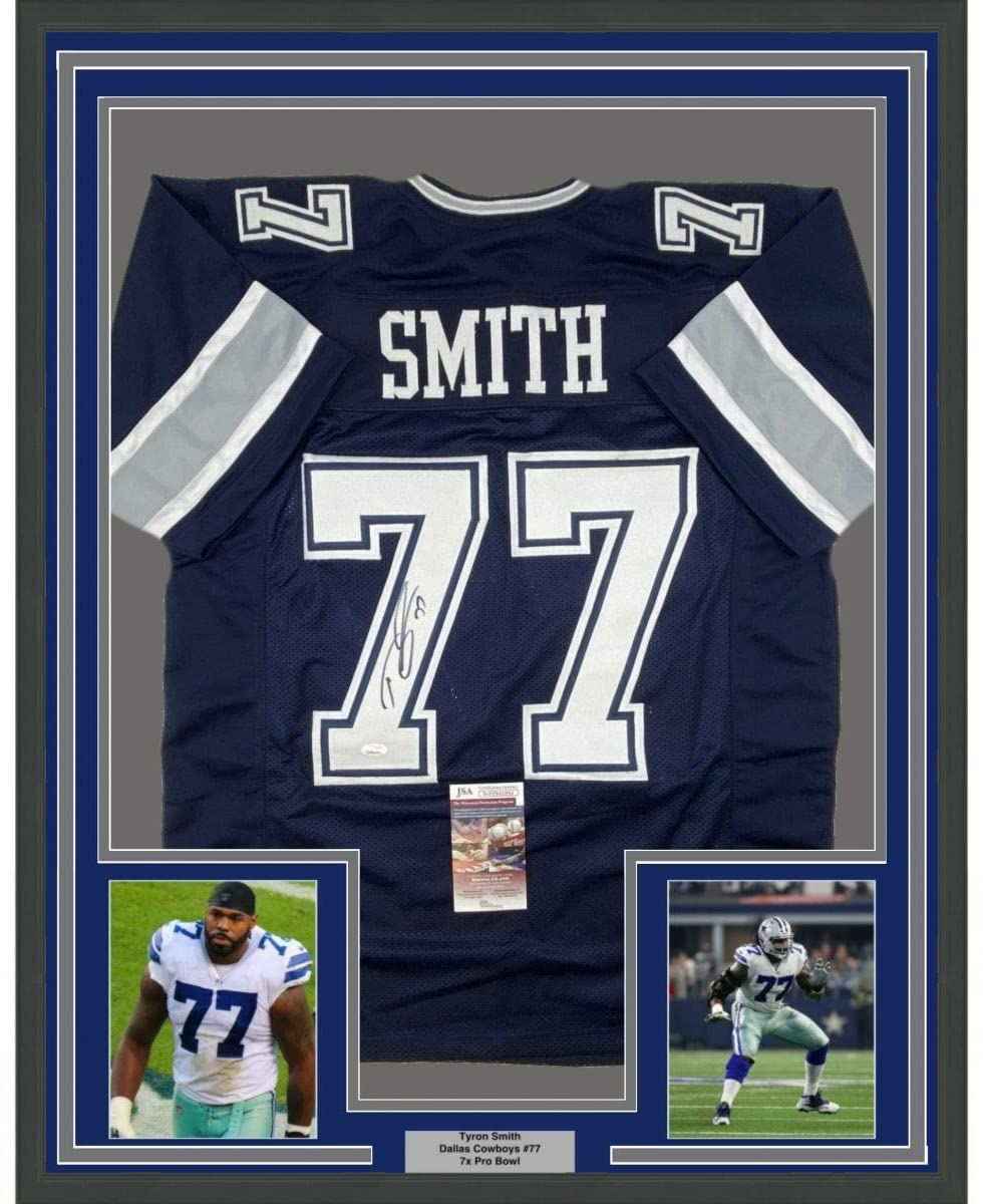 Framed Autographed/Signed Tyron Smith 35x39 Dallas Blue Football Jersey JSA COA