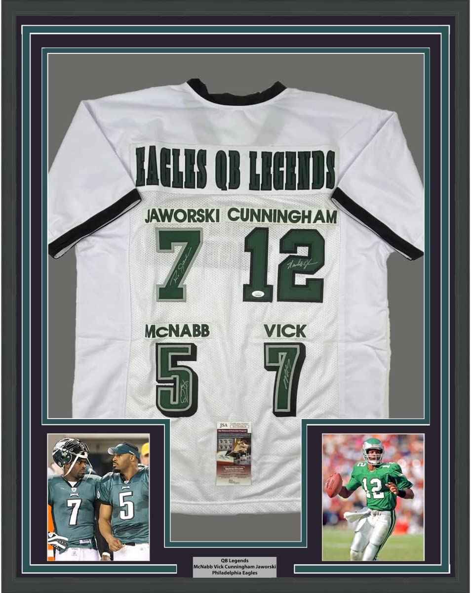 Framed Autographed/Signed Eagles QB Legends McNabb Cunningham Vick Jaworski 35x39 Philadelphia White Football Jersey JSA COA
