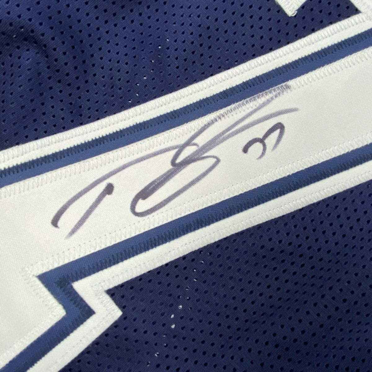 Framed Autographed/Signed Tyron Smith 35x39 Dallas Blue Football Jersey JSA COA