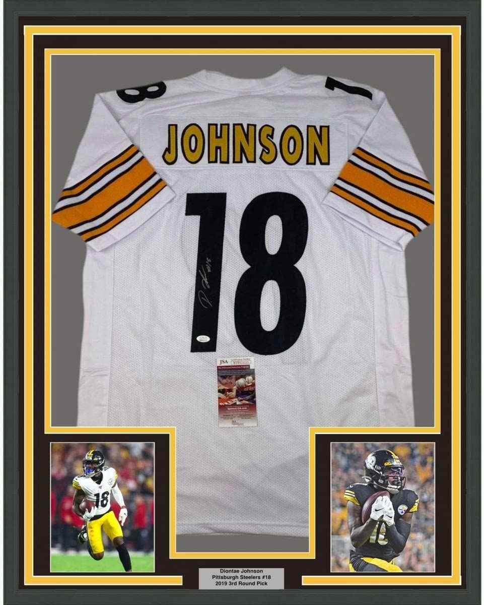 Framed Autographed/Signed Diontae Johnson 35x39 Pittsburgh White Football Jersey JSA COA