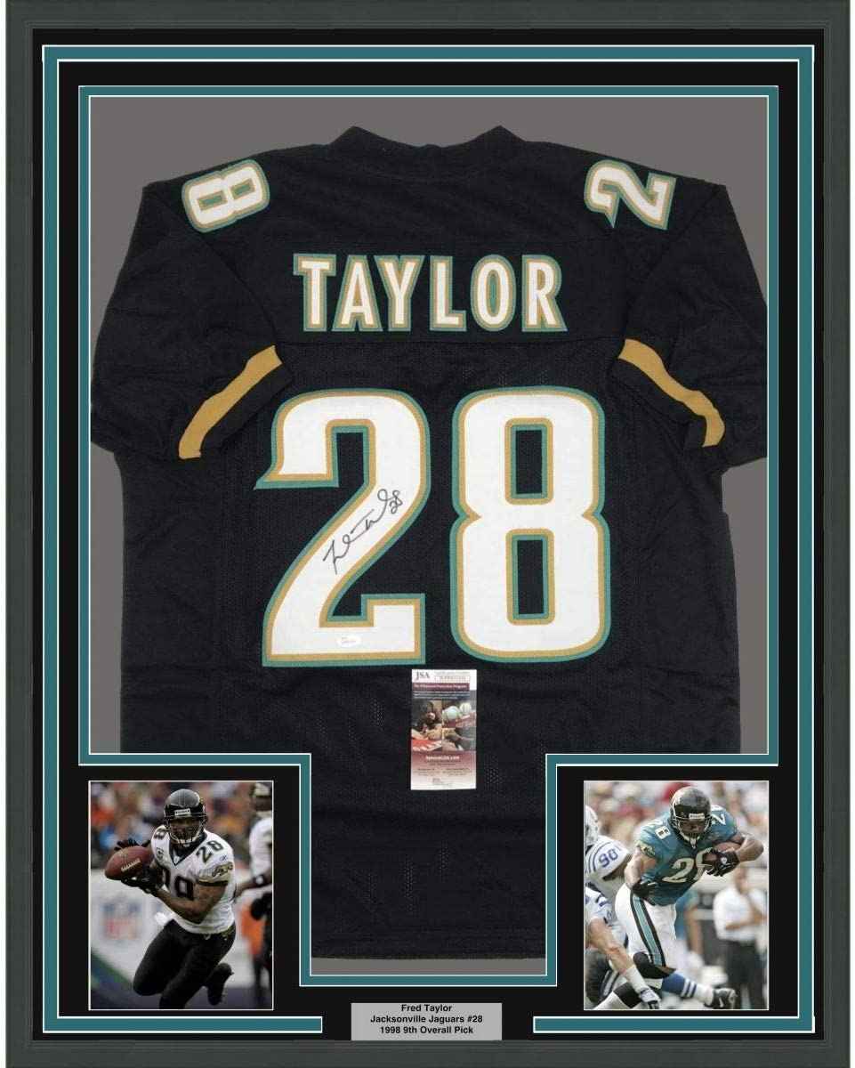 Framed Autographed/Signed Fred Taylor 35x39 Jacksonville Black Football Jersey JSA COA