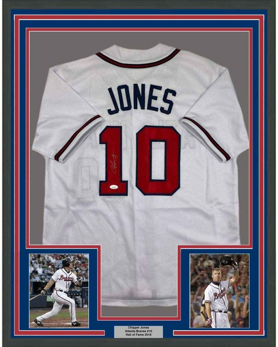 Framed Autographed/Signed Chipper Jones 35x39 Atlanta White Baseball Jersey JSA COA
