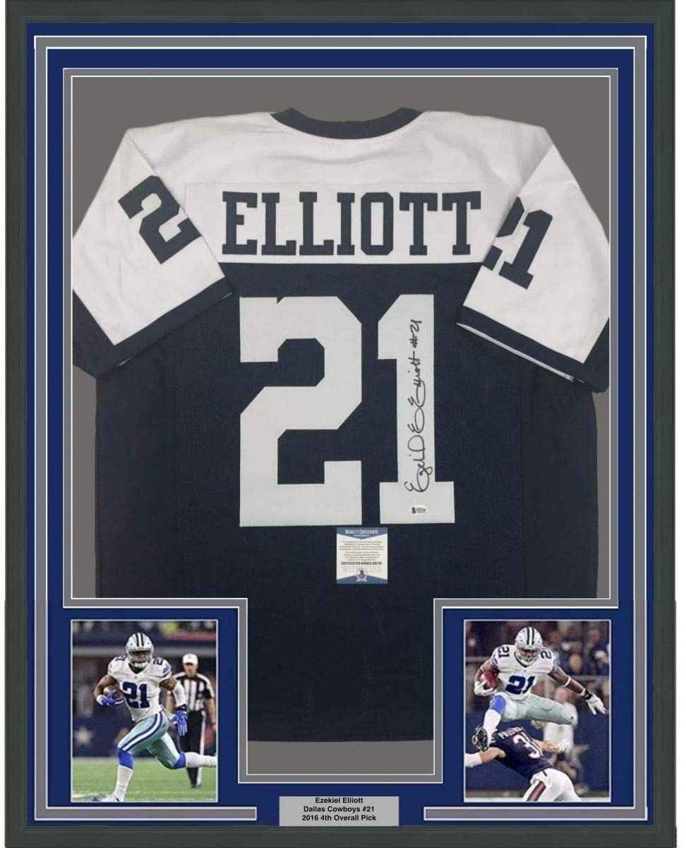Framed Autographed/Signed Ezekiel Elliott 35x39 Dallas Thanksgiving Day Football Jersey Beckett BAS COA