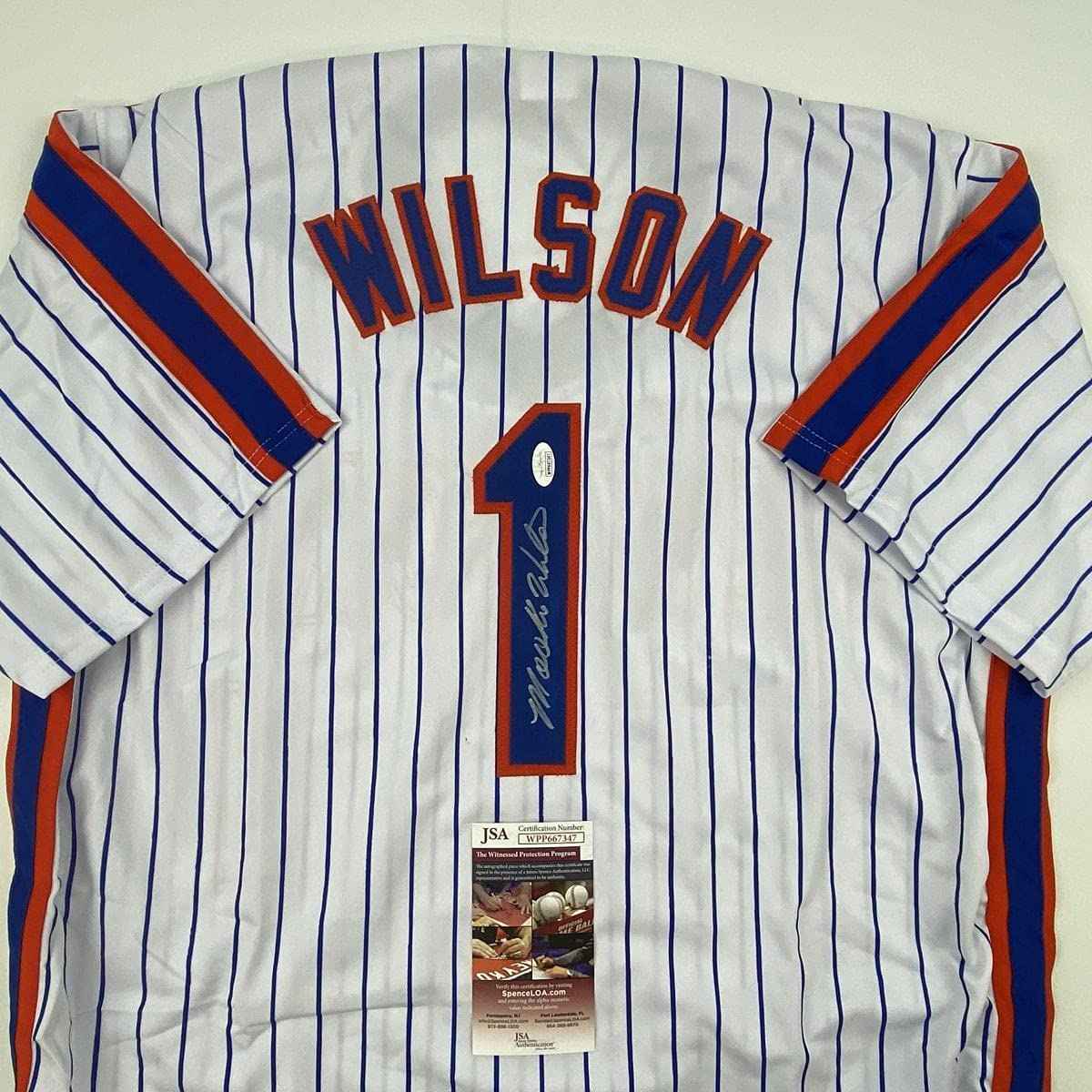 Autographed/Signed Mookie Wilson New York Pinstripe Baseball Jersey JSA COA
