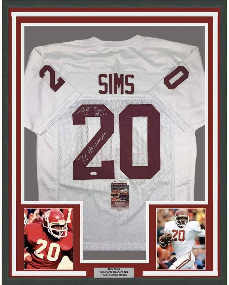 Framed Autographed/Signed Billy Sims 78 Heisman 35x39 Oklahoma White College Football Jersey JSA COA