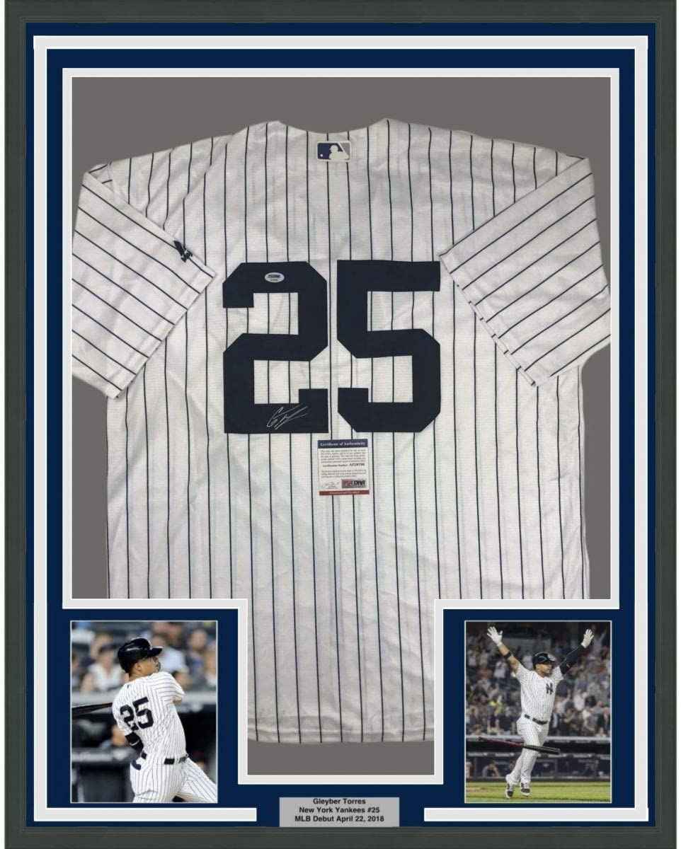 Framed Autographed/Signed Gleyber Torres 35x39 New York Pinstripe Baseball Jersey PSA/DNA COA