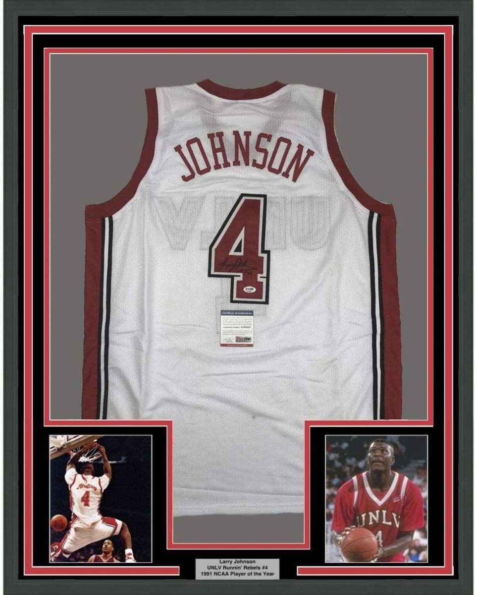 Framed Autographed/Signed Larry Johnson 35x39 UNLV White College Basketball Jersey PSA/DNA COA