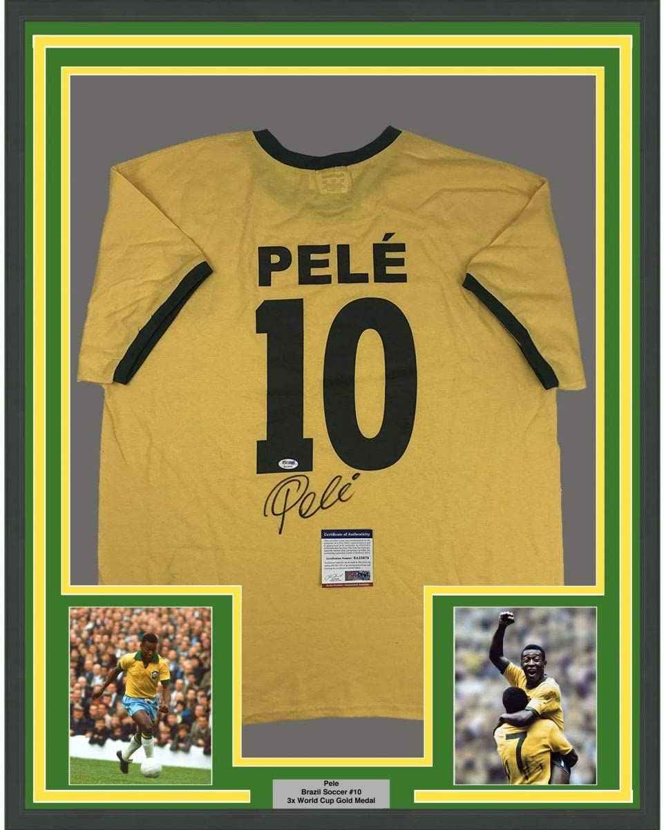 Framed Autographed/Signed Pele 35x39 Brazil Yellow Soccer Jersey PSA/DNA COA