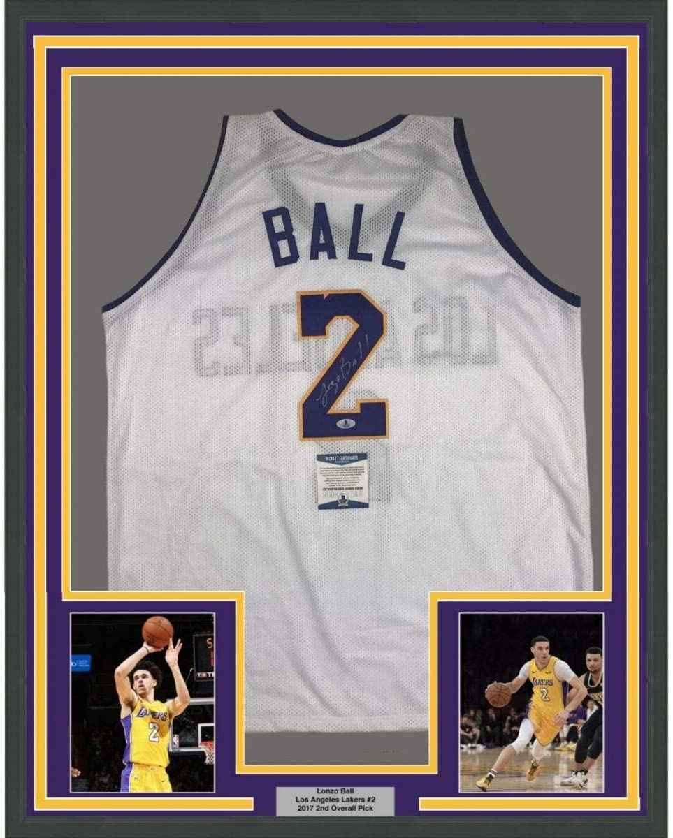Framed Autographed/Signed Lonzo Ball 35x39 Los Angeles White Basketball Jersey Beckett BAS COA