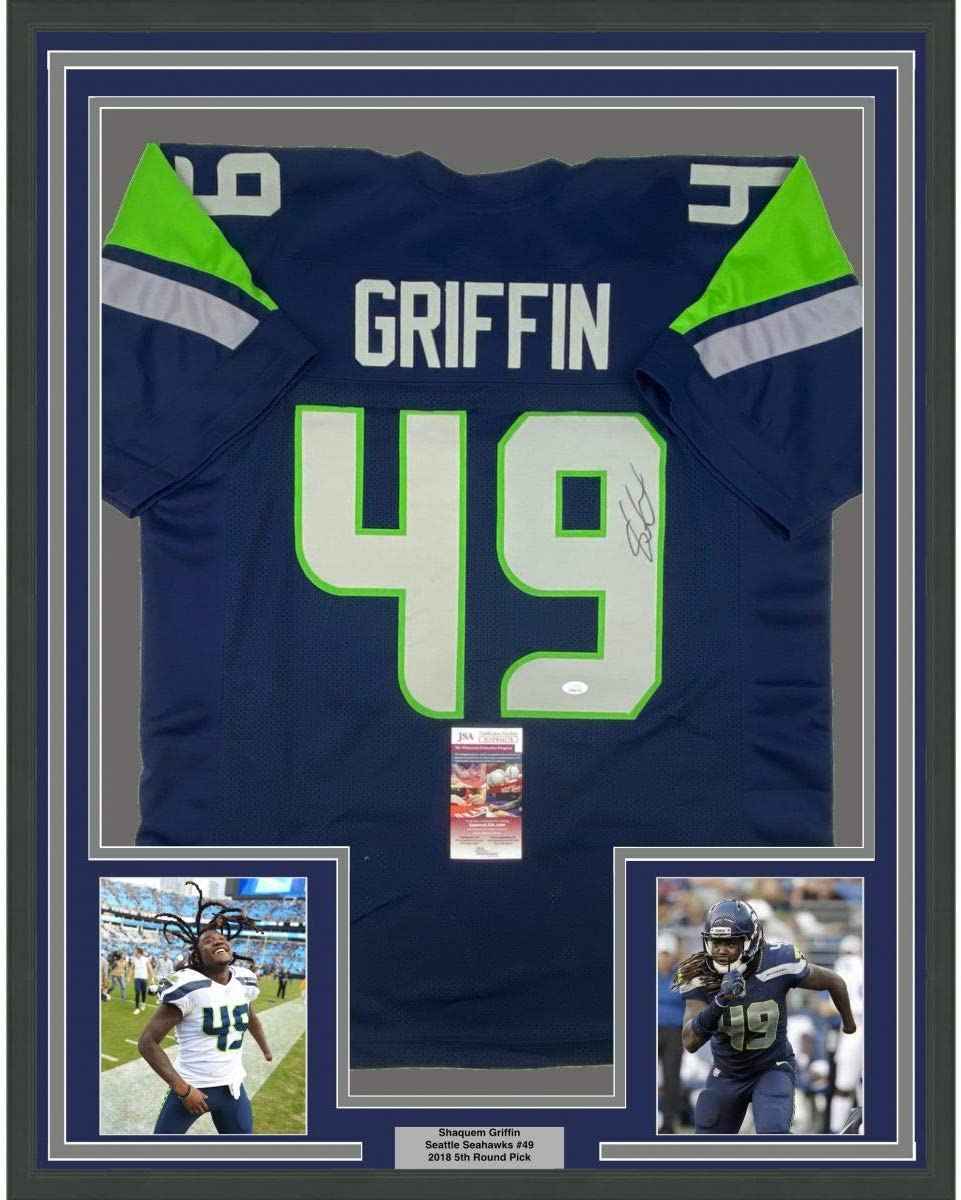 Framed Autographed/Signed Shaquem Griffin 35x39 Seattle Blue Football Jersey JSA COA