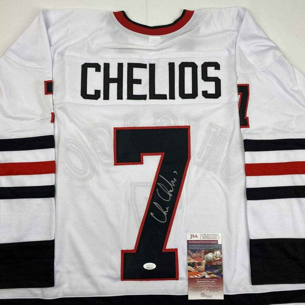 Autographed/Signed Chris Chelios Chicago White Hockey Jersey JSA COA