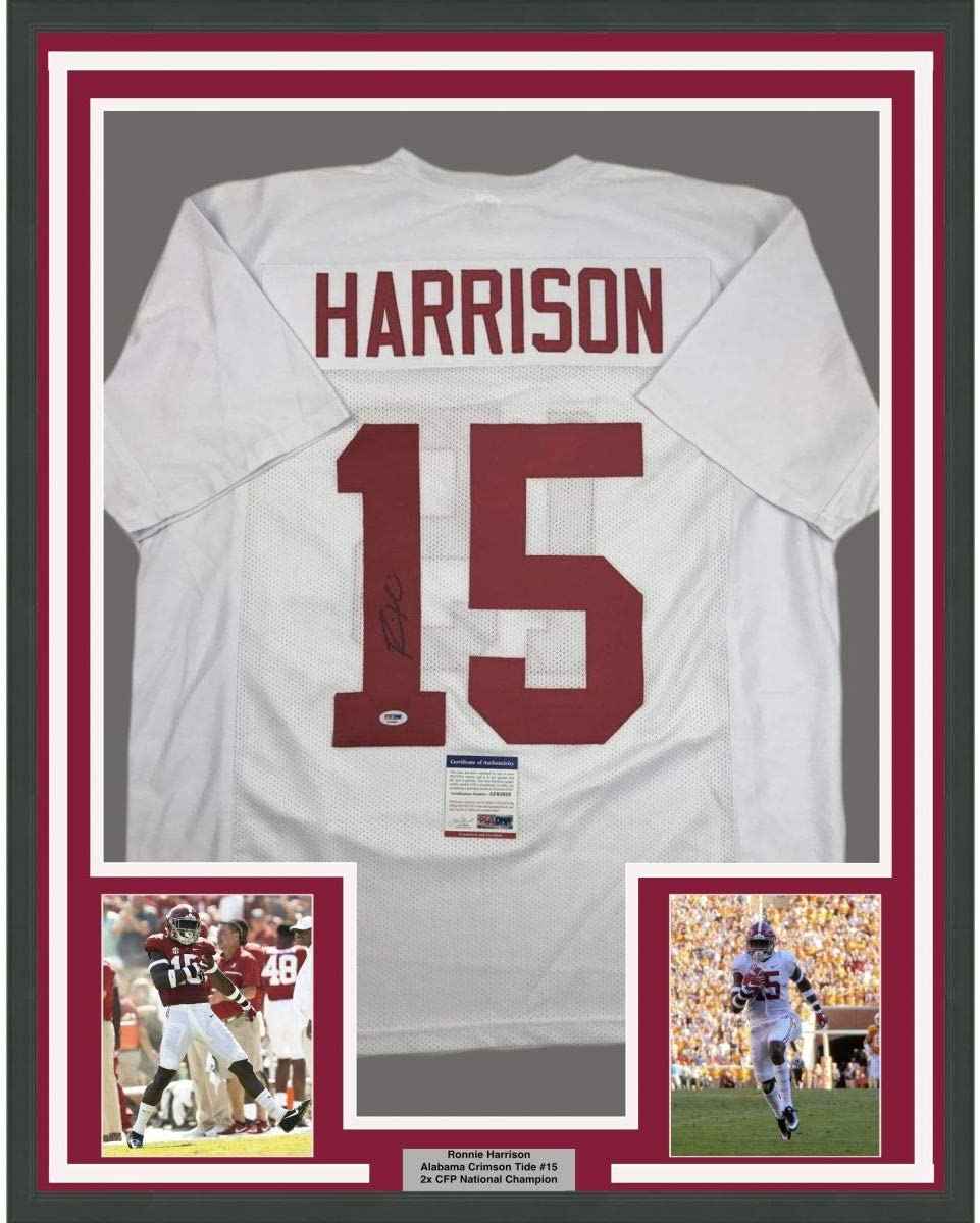 Framed Autographed/Signed Ronnie Harrison 35x39 Alabama White College Football Jersey PSA/DNA COA