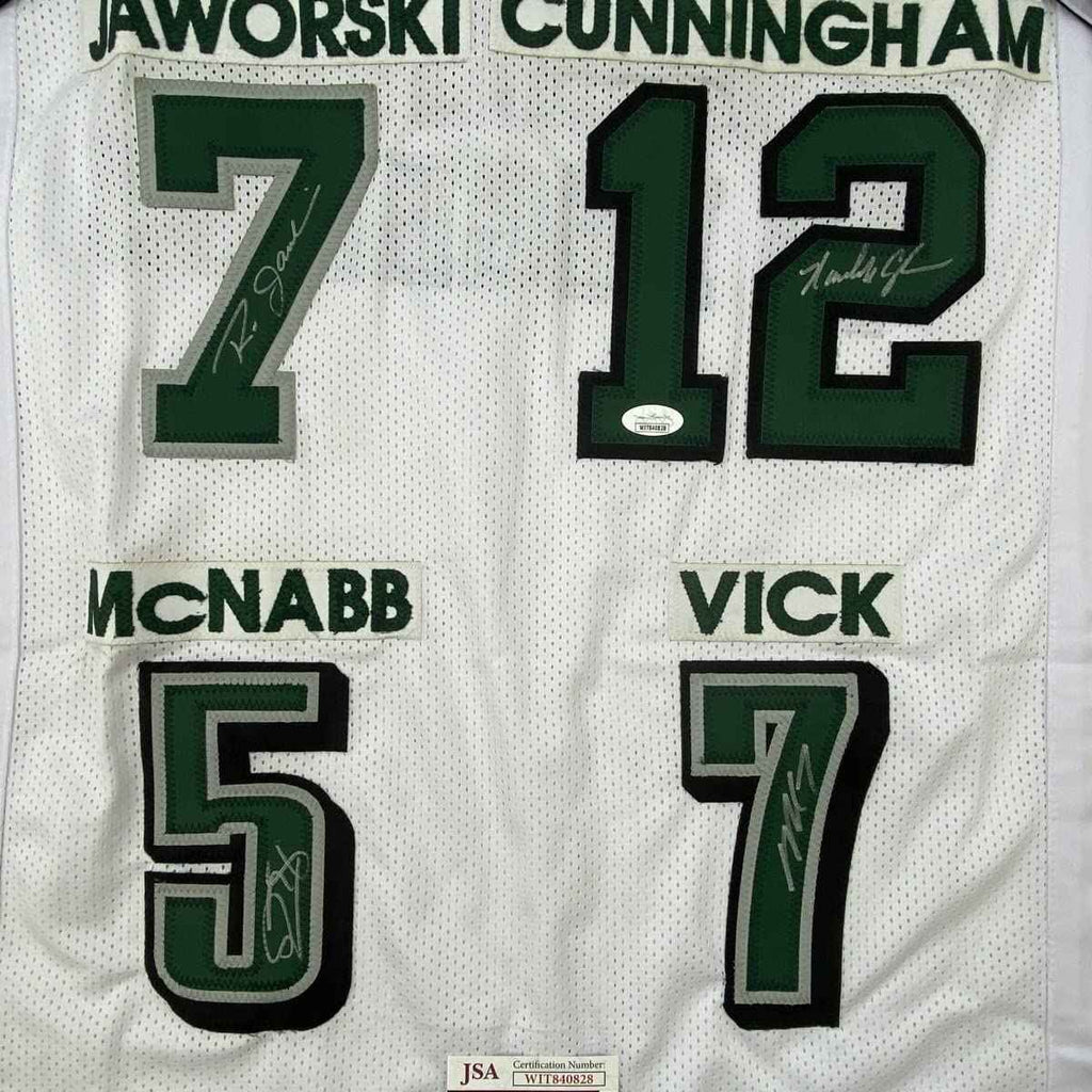 Autographed/Signed Eagles QB Legends McNabb Cunningham Vick Jaworski Philadelphia White Football Jersey JSA COA