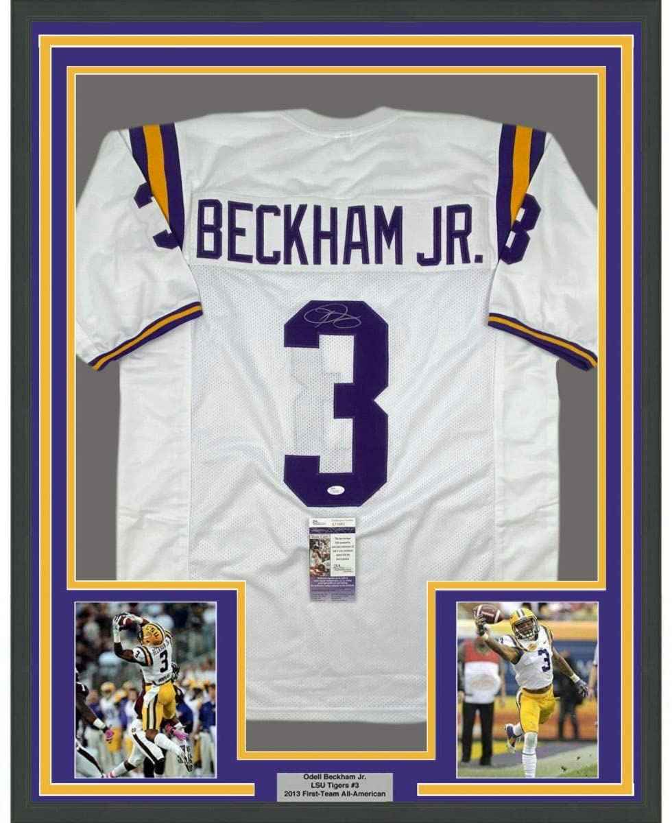 Framed Autographed/Signed Odell Beckham Jr. 35x39 LSU White College Football Jersey JSA COA