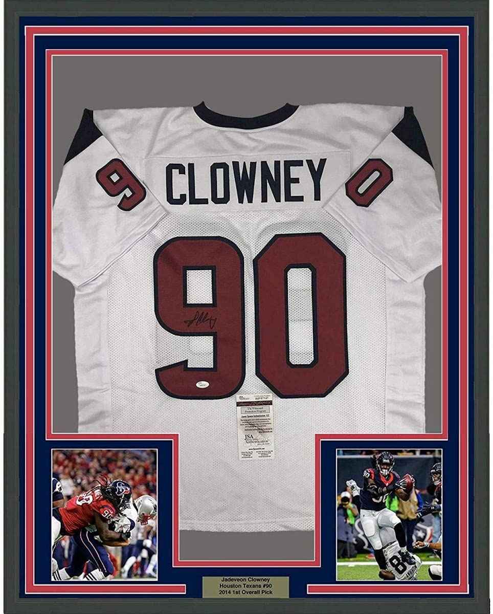 Framed Autographed/Signed Jadeveon Clowney 35x39 Houston White Football Jersey JSA COA