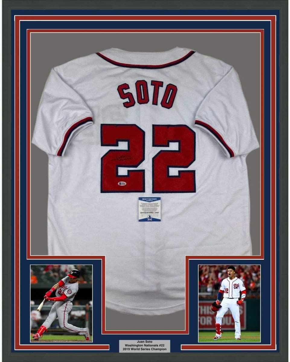 Framed Autographed/Signed Juan Soto 35x39 Washington White Baseball Jersey Beckett BAS COA