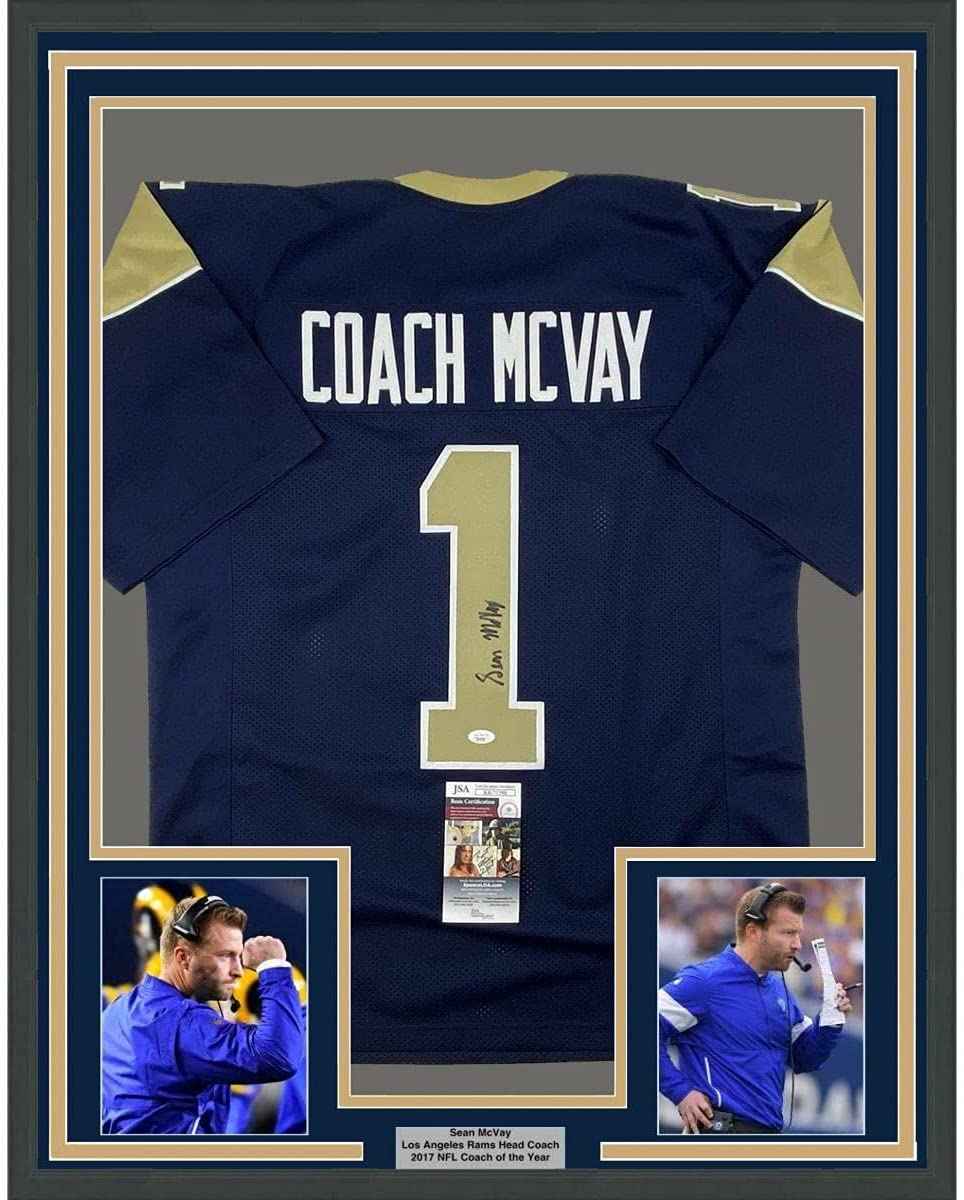 Framed Autographed/Signed Sean McVay 35x39 Los Angeles LA Dark Blue Football Jersey Beckett BAS COA