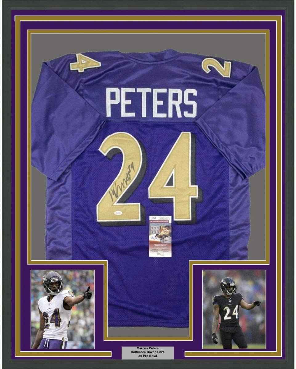 Framed Autographed/Signed Marcus Peters 35x39 Baltimore Color Rush Football Jersey JSA COA