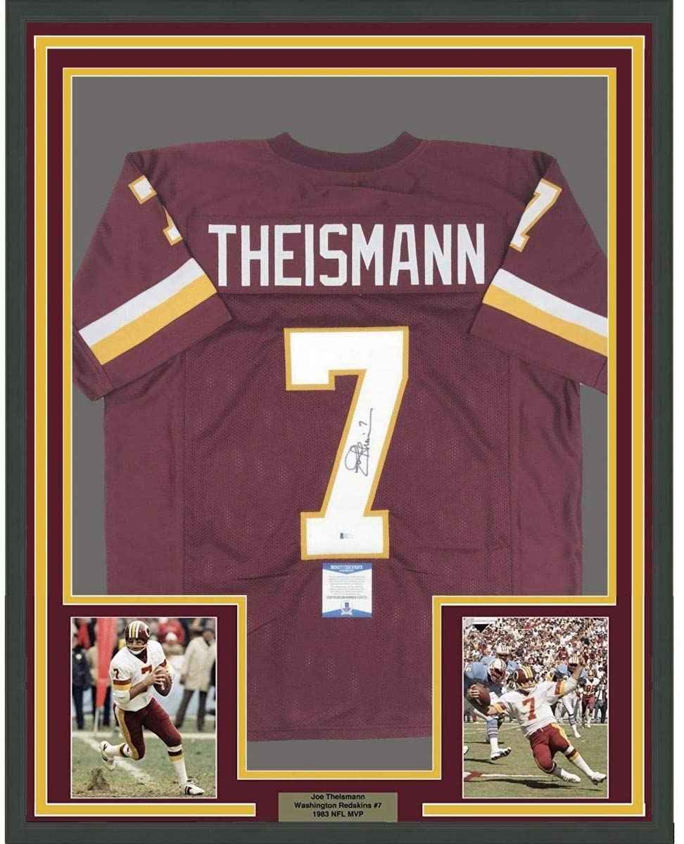 Framed Autographed/Signed Joe Theismann 35x39 Washington Burgundy Football Jersey Beckett BAS COA