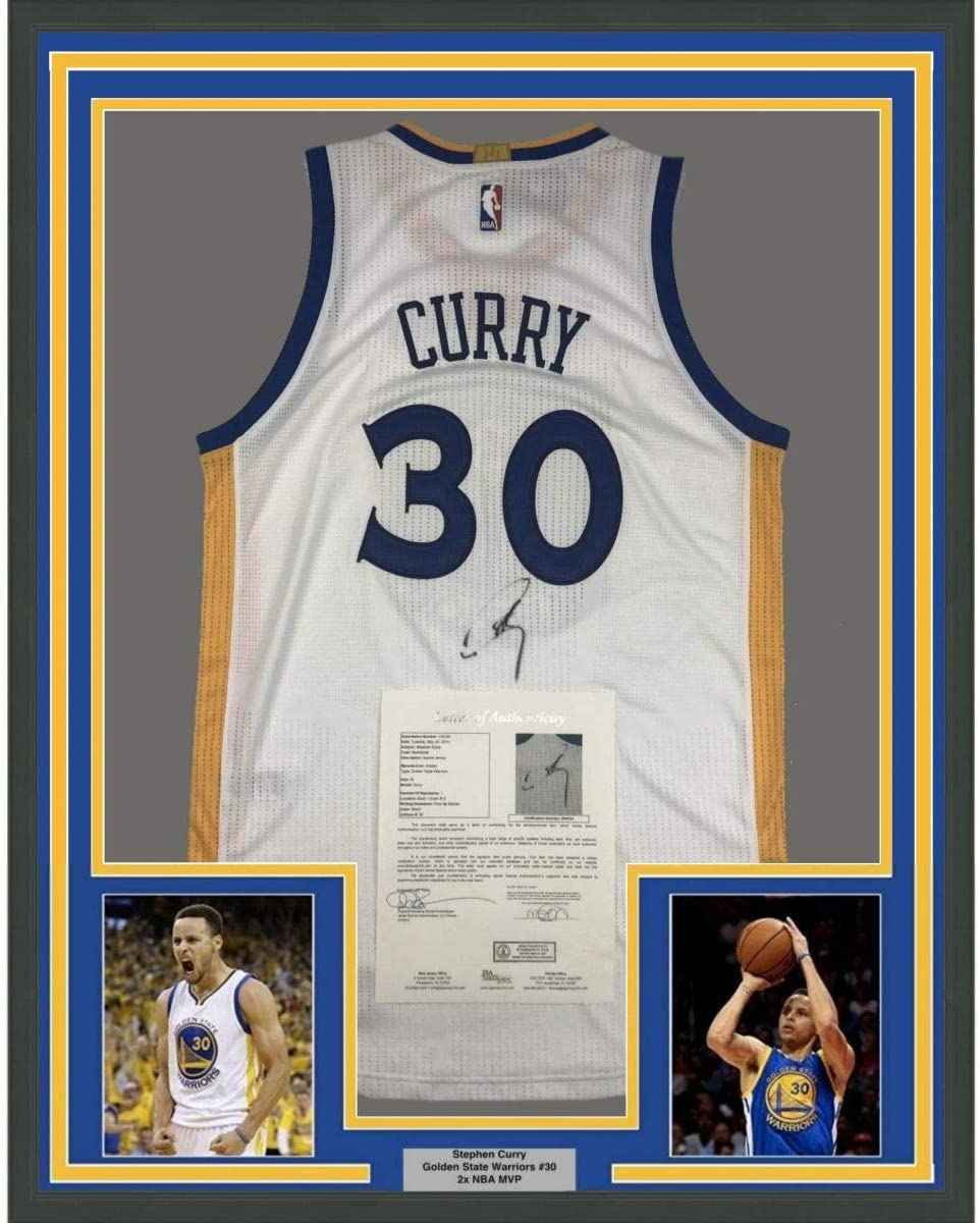 Framed Autographed/Signed Stephen Steph Curry 35x39 Golden State White Basketball Jersey JSA COA/LOA