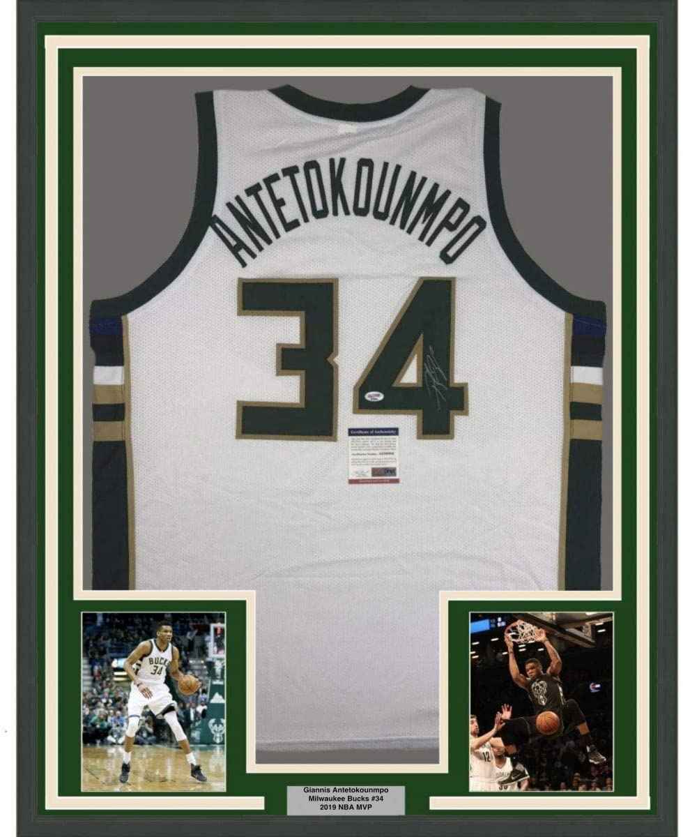 Framed Autographed/Signed Giannis Antetokounmpo 35x39 Milwaukee White Basketball Jersey PSA/DNA COA