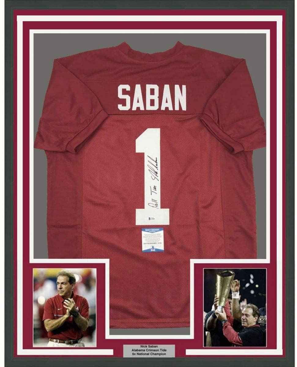 Framed Autographed/Signed Nick Saban Roll Tide 35x39 Alabama Red College Football Jersey Beckett BAS COA