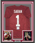 Framed Autographed/Signed Nick Saban Roll Tide 35x39 Alabama Red College Football Jersey Beckett BAS COA