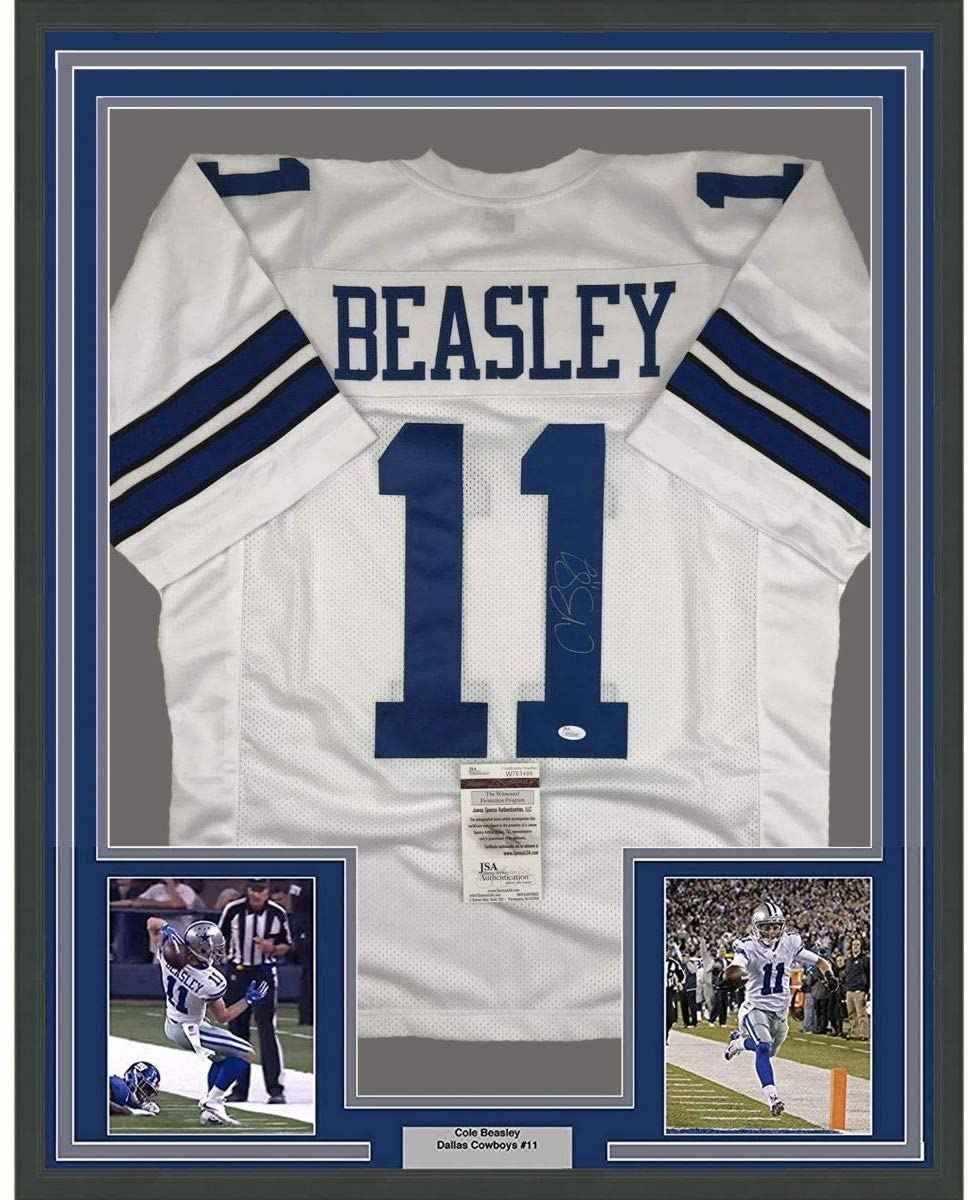 Framed Autographed/Signed Cole Beasley 35x39 Dallas White Football Jersey JSA COA