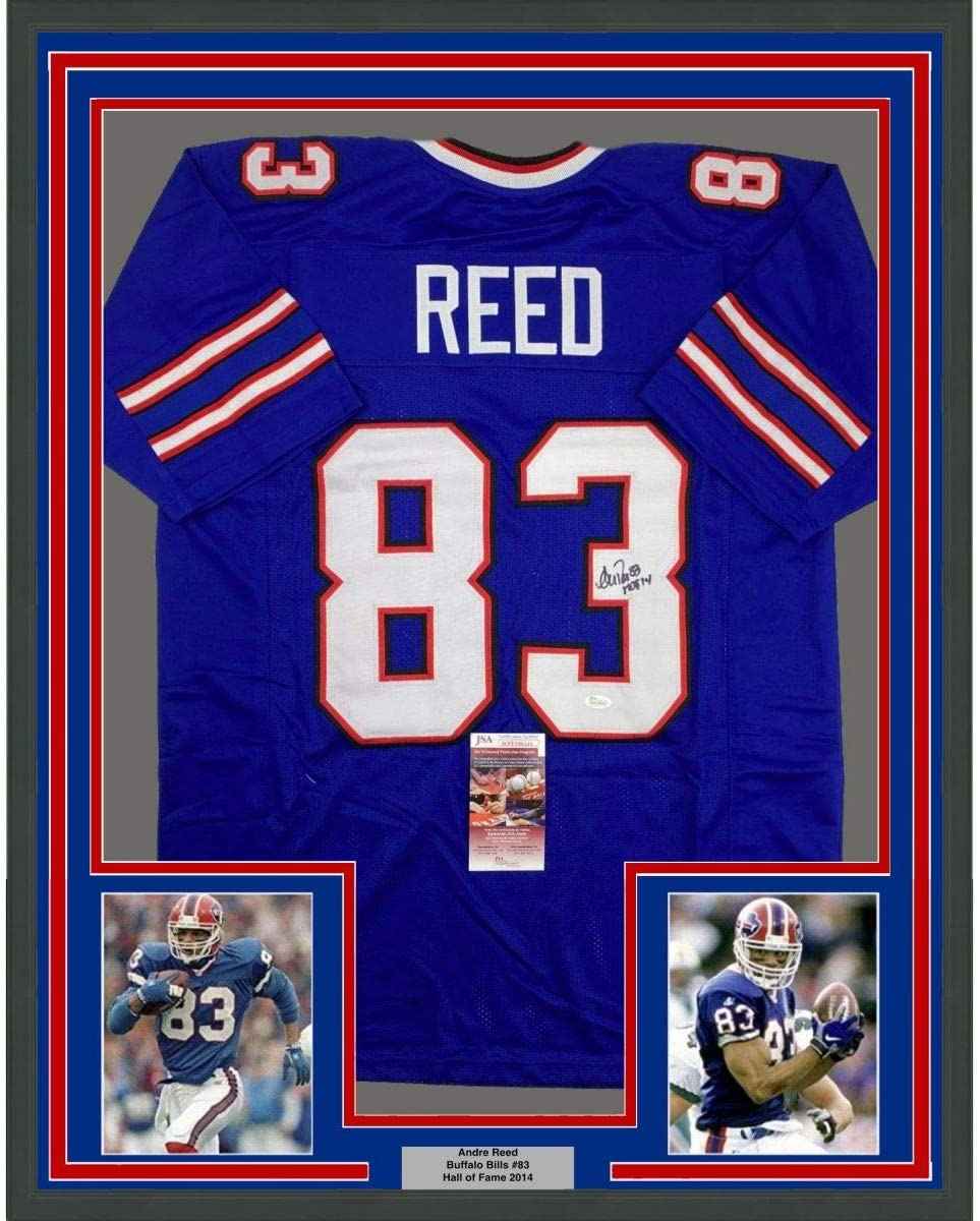 Framed Autographed/Signed Andre Reed HOF 14 35x39 Buffalo Blue Football Jersey JSA COA