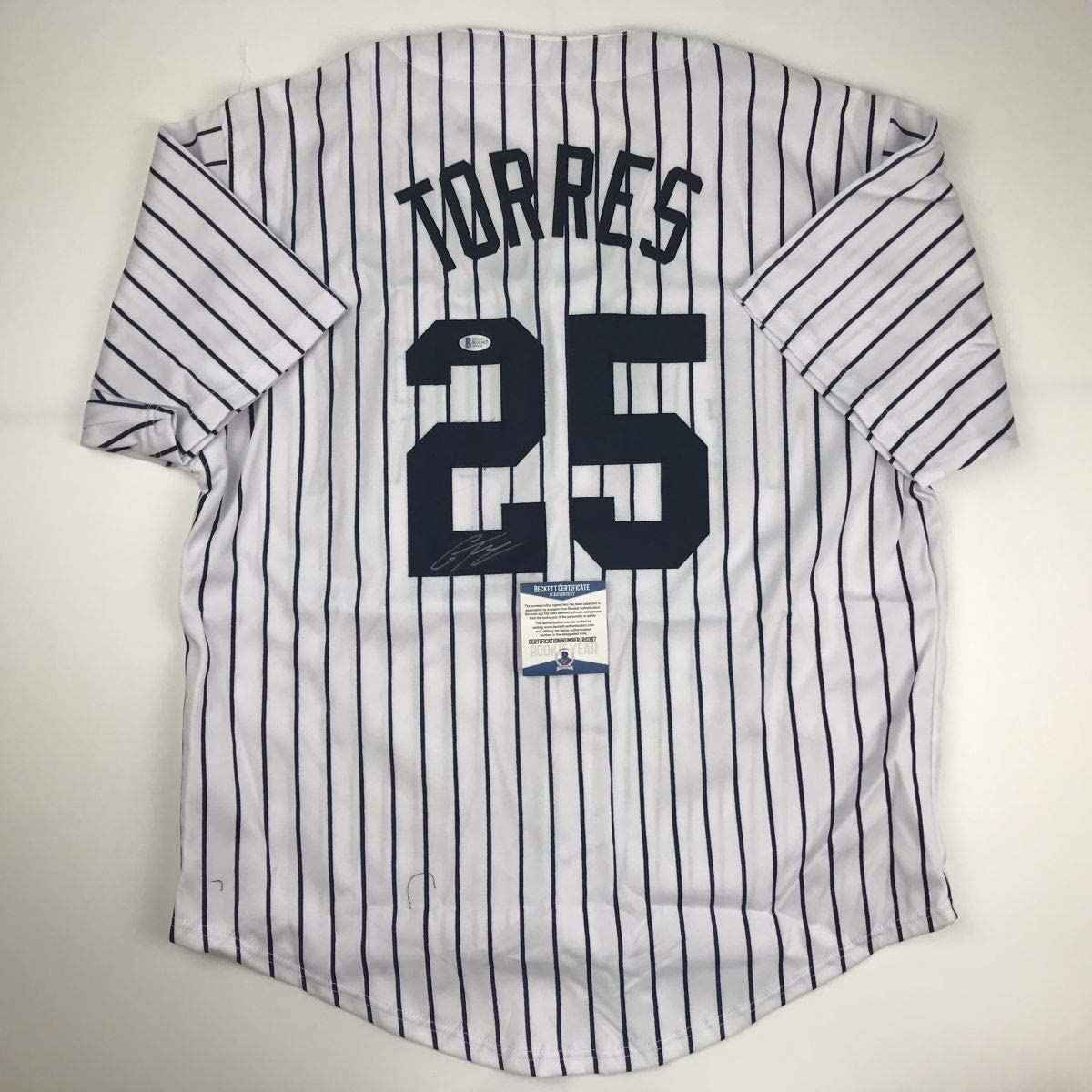 Autographed/Signed Gleyber Torres New York Pinstripe Baseball Jersey Beckett BAS COA